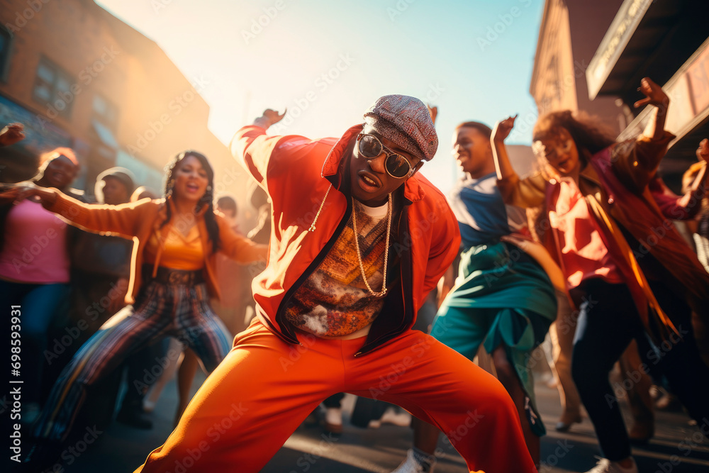 Urban Beats of the 90s: Hip-Hop Dance Group in Expressive Movements and Street Fashion, Channeling the Authentic Groove and Style Inspired by the Vibrant Hip-Hop Culture of the Era.




 - obrazy, fototapety, plakaty 