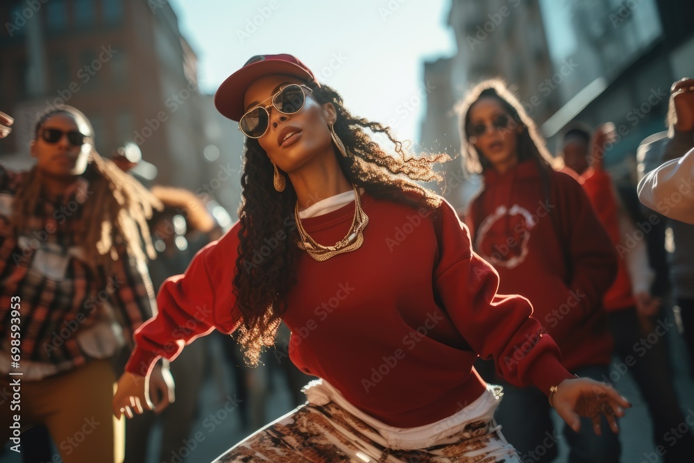 Obraz premium Urban Beats of the 90s: Hip-Hop Dance Group in Expressive Movements and Street Fashion, Channeling the Authentic Groove and Style Inspired by the Vibrant Hip-Hop Culture of the Era.