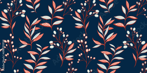 Seamless pattern with abstract, artistic, stylized leaves, branches berries, stems. Vector hand drawn. Monotone creative dark floral leaf print. Template for design