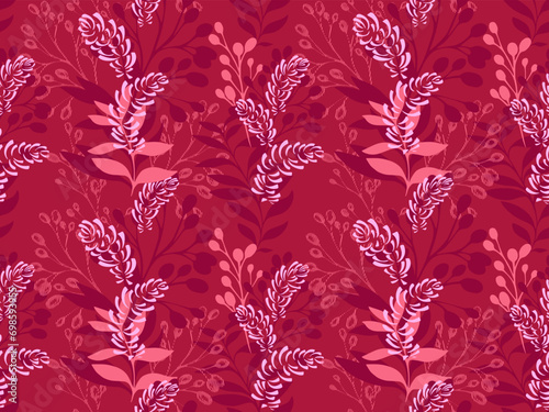 Seamless artistic pattern with vector hand drawn shape, silhouettes, branches, leaves, stem. Creative, modern, burgundy, vinous floral print. Template for design.