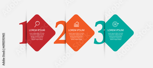 business infographic design with 3 parts or steps, there are icons, text and numbers, square design with interconnected color lines, for workflow diagrams, banners and your business