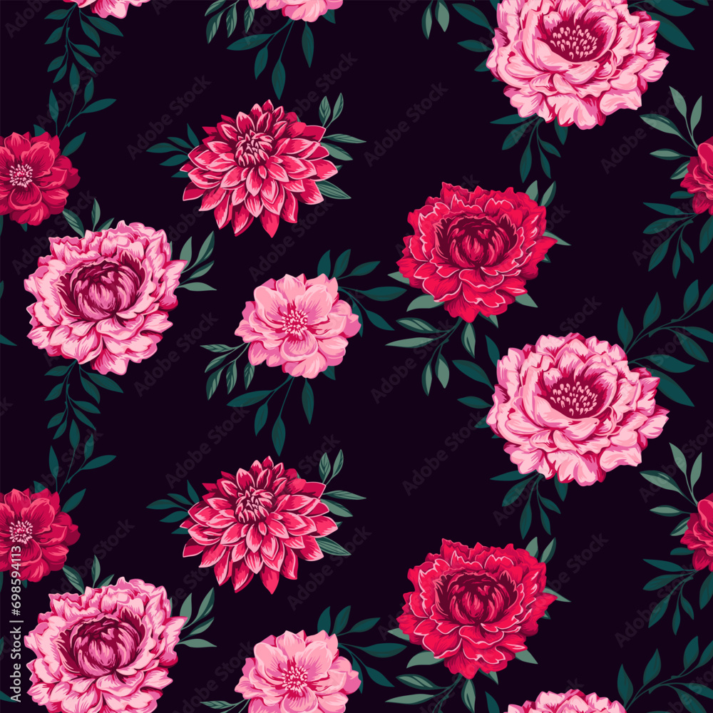 Seamless artistic pattern with flowers peonies, dahlias with leaves. Colorful red, pink floral on a dark black background printing. Vector hand drawn. Template for textile, fashion, fabric, wallpaper