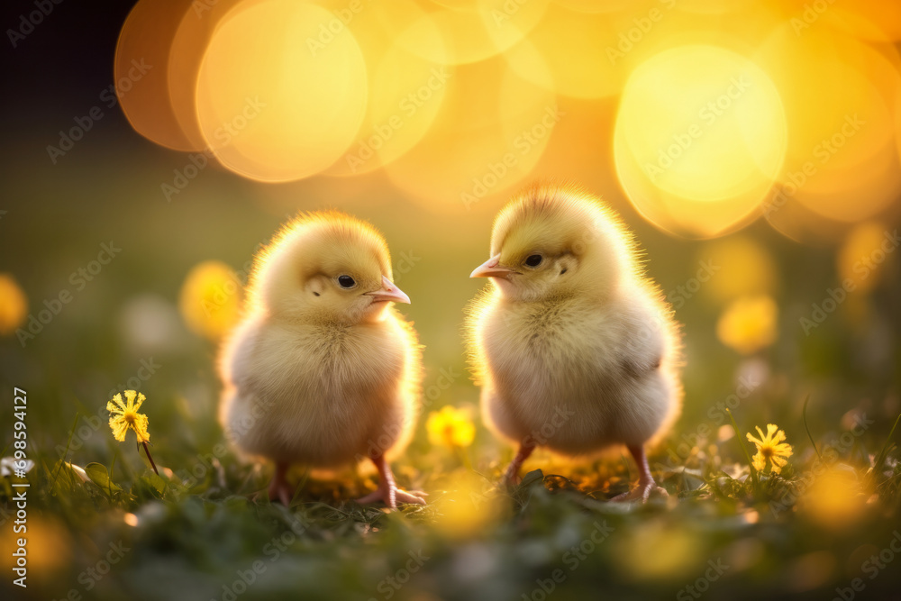 Close up of two yellow chicks in grass with beautiful soft early evening light
