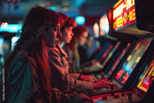 Capturing Youthful Joy: 1980s Teenagers Strike a Pose at a Classic Game Arcade for an Iconic Group Portrait