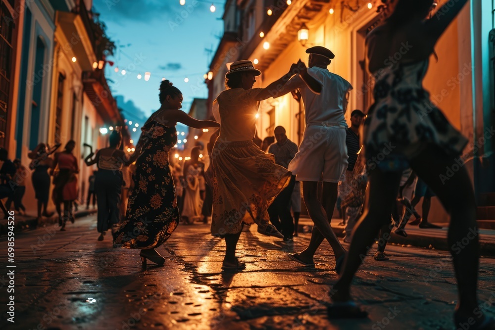 Street Salsa Fiesta: In the heart of Havana, a group of salsa dancers transforms the colorful streets into a lively celebration, captivating passersby with infectious rhythms and a truly festive atmos - obrazy, fototapety, plakaty 