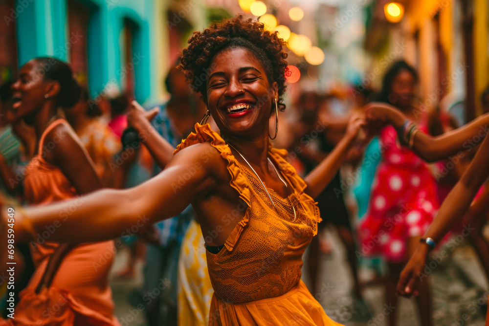 Street Salsa Fiesta: In the heart of Havana, a group of salsa dancers transforms the colorful streets into a lively celebration, captivating passersby with infectious rhythms and a truly festive atmos - obrazy, fototapety, plakaty 