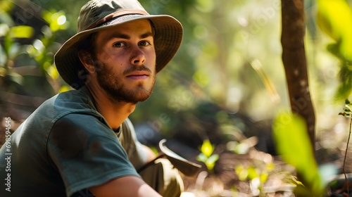 A man wearing a bush hat is squatting in the forest, looking thoughtfully into the distance. photo
