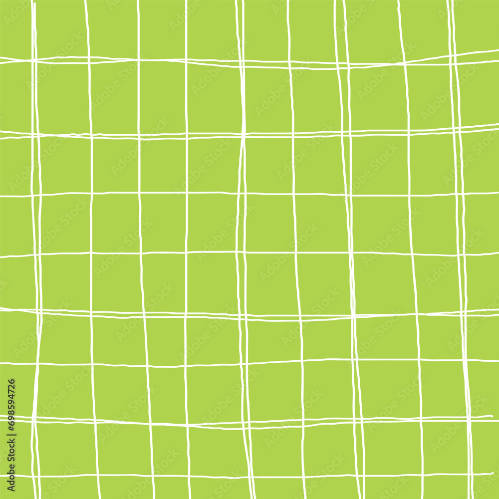 Hand drawn green white plaid pattern. Check, square doodle background. Line art freehand grid. Crossing white stripes brush stroke. Notebook Texture.  Psychedelic print with Wavy Doodle Stripes