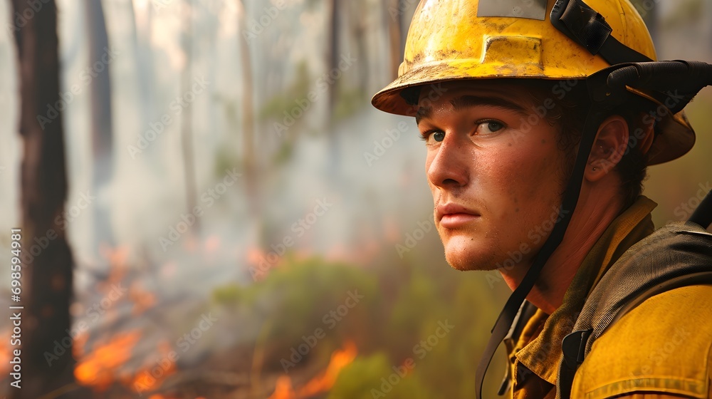 A determined firefighter's face is lit by the glow of nearby flames in a forest, showcasing the peril of wildfire containment. A determined firefighter's face is lit by the glow of nearby flames in a forest, showcasing the peril of wildfire containment.