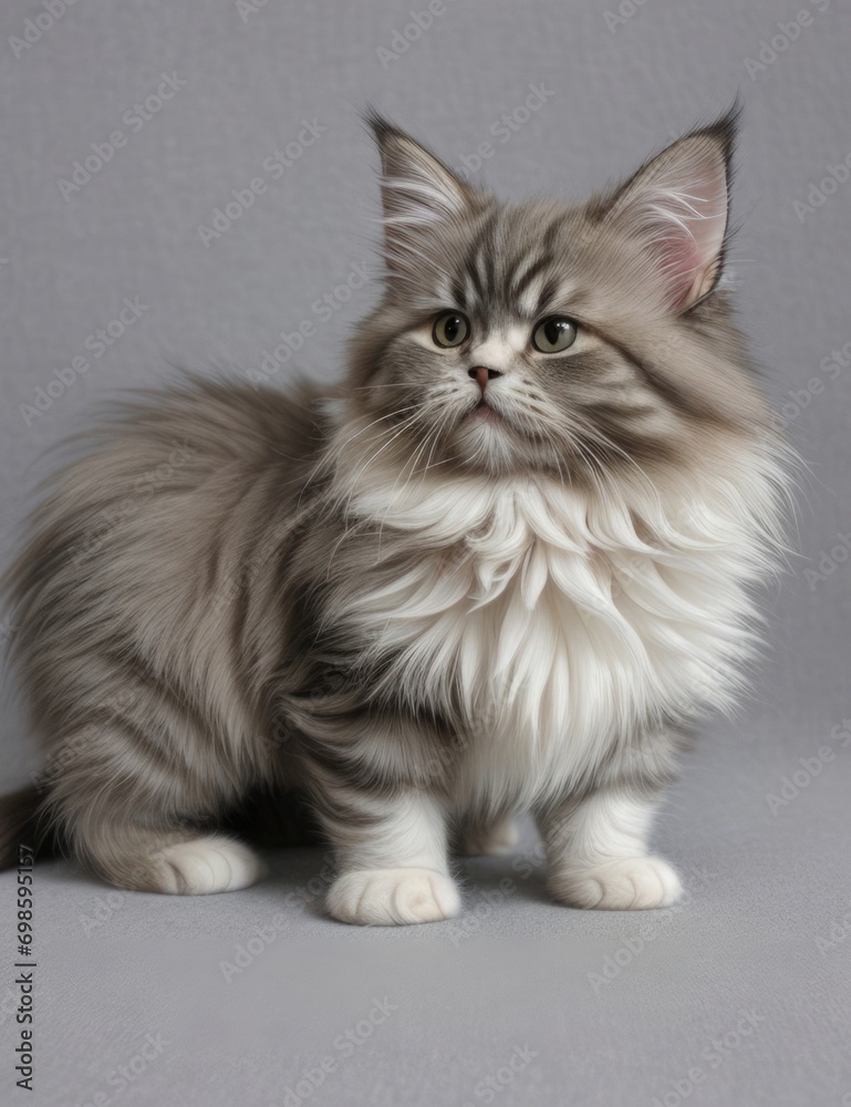 A cute, fluffy gray kitten stands