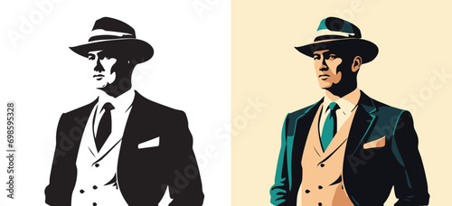 Gentleman man in hat suit retro vintage silhouette vector illustration AI generated, mafia gangster boss businessman looking portrait, businessman detective spy person handsome elegant serious