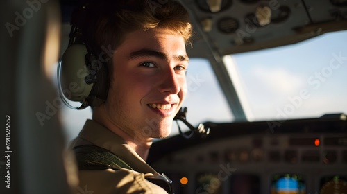 Smiling young pilot with headset enjoys the controls of an aircraft, basking in golden light.