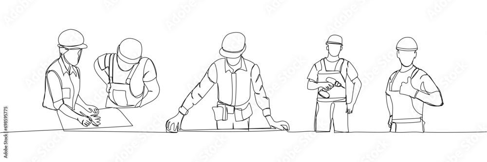 Set of builder with tape measure, engineer, foreman, designer, protective overalls, safety one line art. Continuous line drawing of repair, hand, people, concept, support, maintenance.