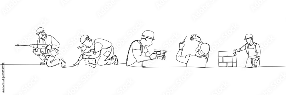 Set of builder with screwdriver in a work uniform, electrician, handyman, hard hat one line art. Continuous line drawing of repair, professional, hand, people, concept, support, maintenance. Set of builder with screwdriver in a work uniform, electrician, handyman, hard hat one line art. Continuous line drawing of repair, professional, hand, people, concept, support, maintenance.