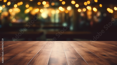 Wood table background, Hyper realistic, wooden table in a coffee shop with beautiful fairy lights, Mockup, Portrait mode, Wallpapers, Holidays, New year, Generative Ai