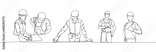 Set of builder with tape measure, engineer, foreman, designer, protective overalls, safety one line art. Continuous line drawing of repair, hand, people, concept, support, maintenance.