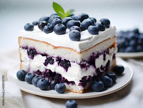 A piece of blueberry cake with vanilla buttercream frosting and fresh berries on top, white table and blurry background 