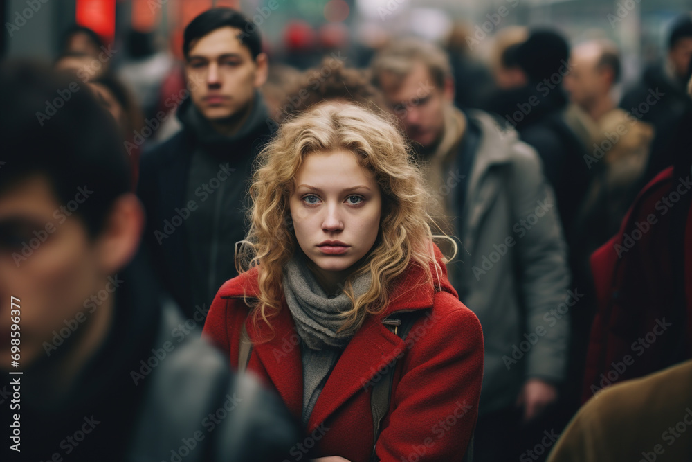Stress, panic attack concept. Lonely sad unhappy woman standing in a crowd of people, rush hour