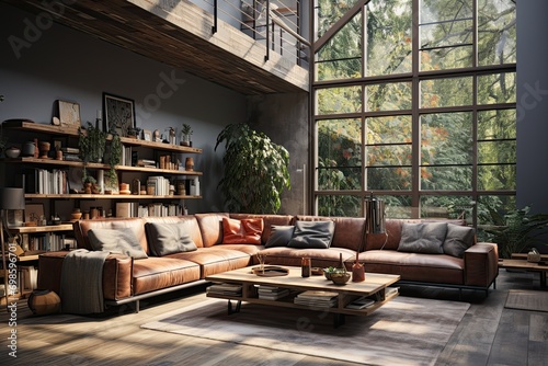 Modern loft open space apartment with wooden beams and floor, simple modern furniture, gray sofa, coffee table, brick wall, view from the living room