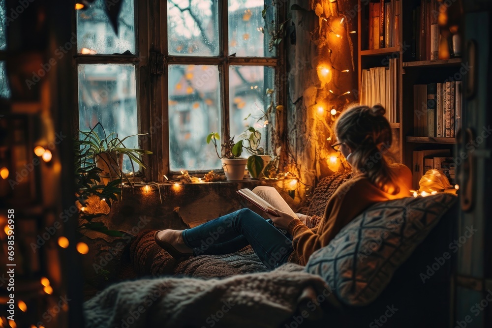 A person reading a book in a cozy nook, hygge style with warm lighting and comfortable surroundings