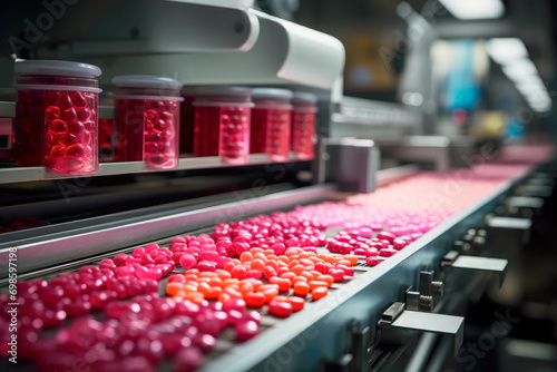 Jelly beans factory. Colored candies on a conveyor belt in a sweets factory. photo