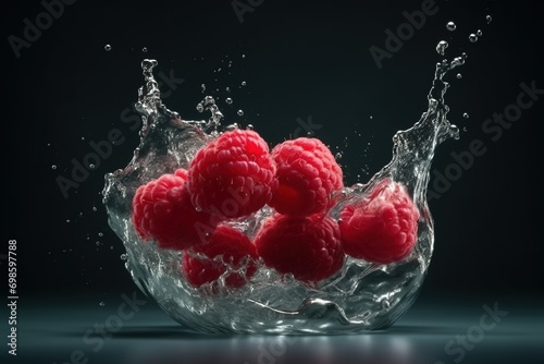 Raspberry in water splash flow. Natural of juicy product with ripe berry. Natural fresh food