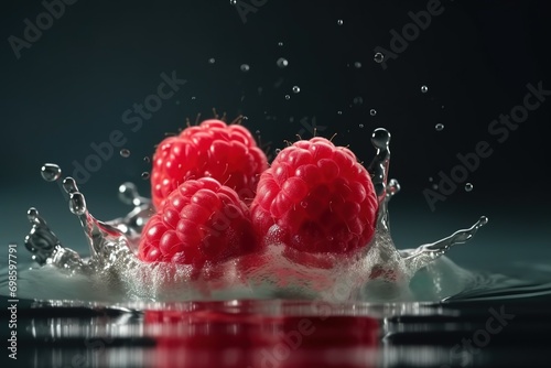 Raspberry in water splash flow. Natural of juicy product with ripe berry. Natural fresh food