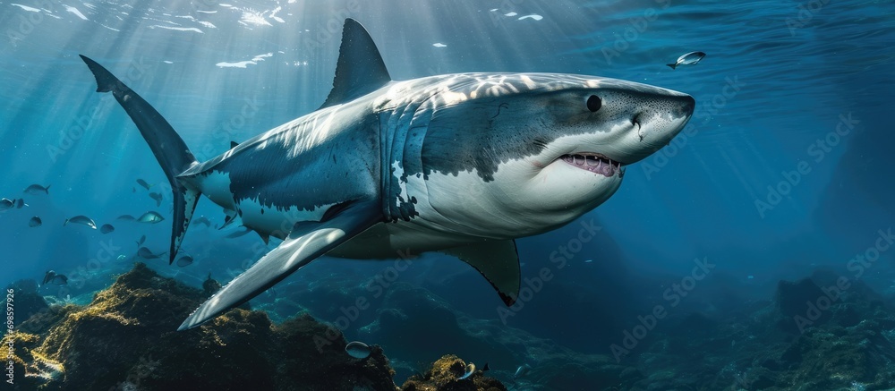 Fototapeta premium Mexico's Guadalupe Island is home to a great white shark beneath the water.