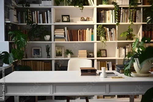 Modern office workspace. Room is designed with contemporary furniture and stylish decor creating clean and comfortable environment for work. Central focus is on desk with setup indicating functional