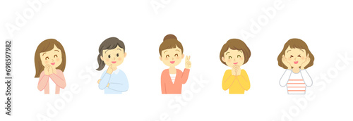 吹き出しセリフが似合うポジティブな表情の30代女性セット/横長デザイン/主線なし/フルカラー
