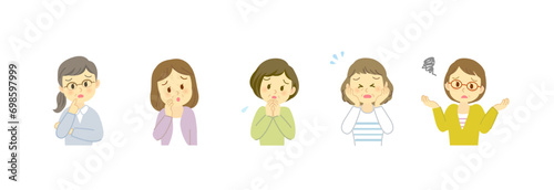 吹き出しセリフが似合うネガティブな表情の50代女性セット/横長デザイン/主線なし/フルカラー
