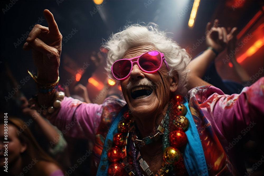 Elderly people in stylish clothes and sunglasses at party or disco. Ageism and full life in old age concept. AI generated