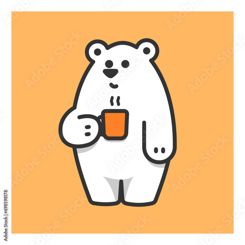 Cute polar bear with cup of hot drink, white bear with coffee, vector illustration.