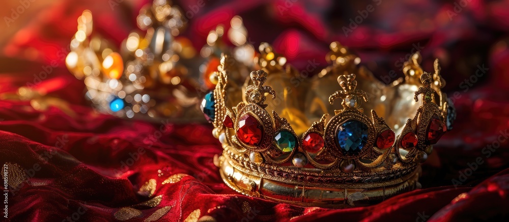 Golden royal crowns adorned with vibrant multicolored jewels on red velvet.