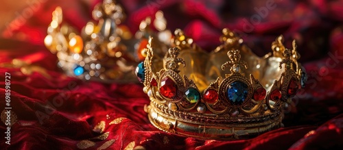 Golden royal crowns adorned with vibrant multicolored jewels on red velvet.