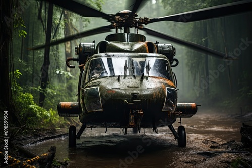Military helicopter in active combat zone in jungle. Greeting card for Veterans Day, Memorial Day, Air Force Day. photo