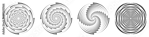 Abstract geometric design featuring a circle swirl dots shape with dotted spiral lines. Radial spinning halftone form. For posters, banners, logos, icons, presentations, and booklets. Vector