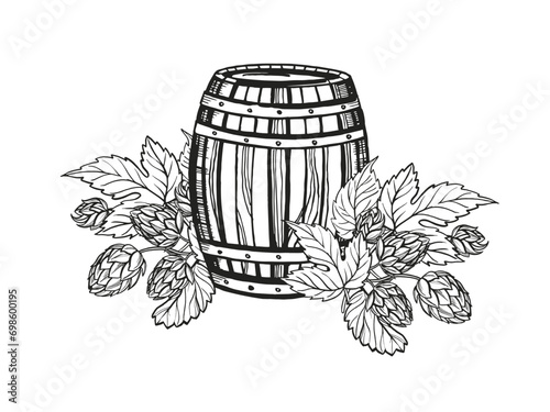 Hand drawn vector sketch of wooden barrel and hop plant with leaves and buds, beer ingredients, black and white illustration of textured wood oak keg, inked illustration isolated on white background