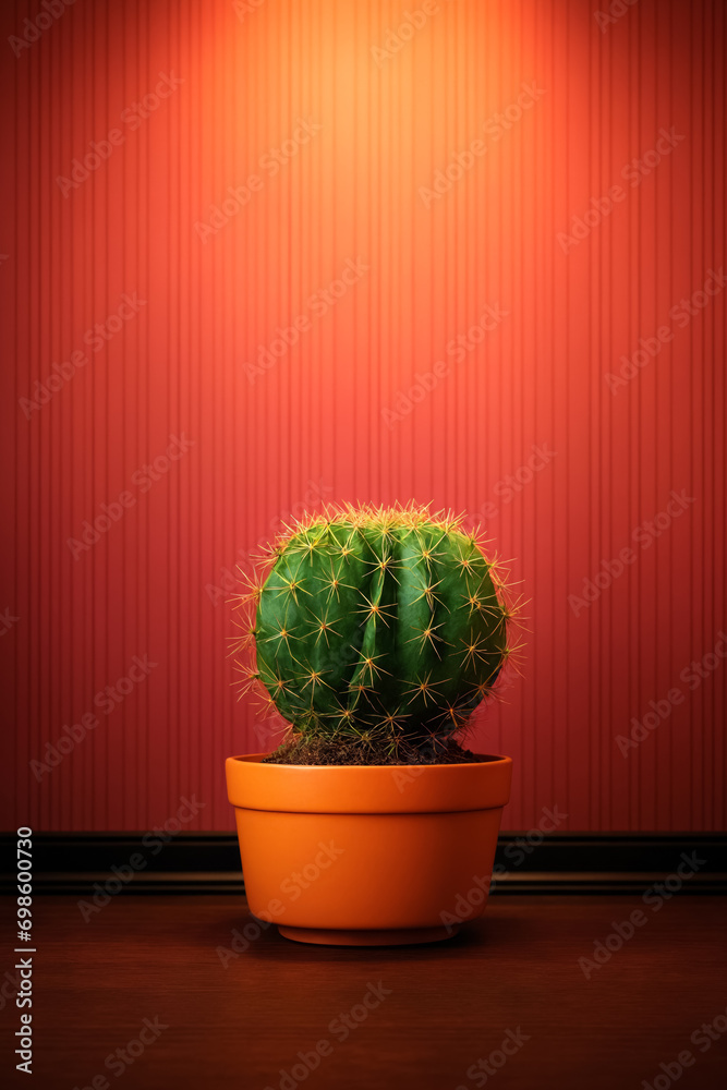 A cactus in a red pot standing on the floor against the background of a wall with red wallpaper A cactus in a red pot standing on the floor against the background of a wall with red wallpaper