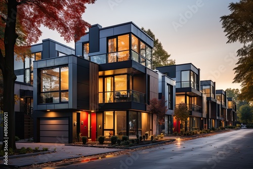 Modern modular private townhouses. Residential minimalist architecture exterior. A very modern neighborhood, late afternoon or morning shot. Housing project. Construction of Modular house.