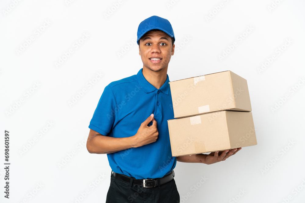 Delivery African American man isolated on white background with surprise facial expression Delivery African American man isolated on white background with surprise facial expression