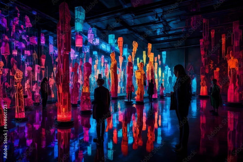 A luminous and vibrant art installation, featuring an array of glowing sculptures and interactive light projections that create an immersive and captivating visual experience
 - obrazy, fototapety, plakaty 