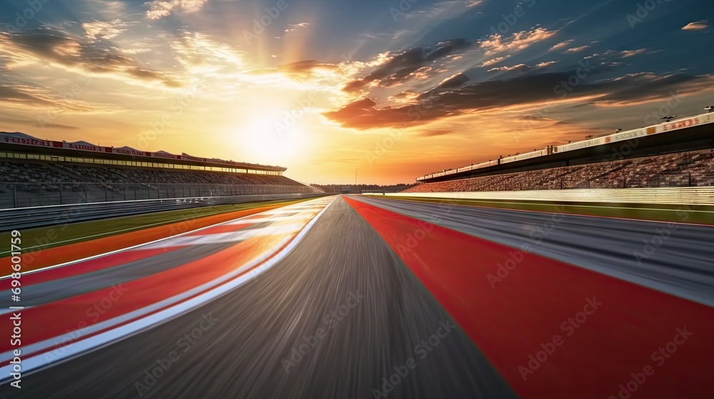 Race track, empty asphalt road on sunrise. Concept of motor sport, racing, competition. Motorway for competition. Tire tracks. - obrazy, fototapety, plakaty 