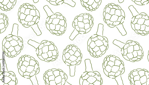 Artichoke seamless pattern in line art style. Design for menu, packaging design, fabric, food store. Vector illustration on a white background.