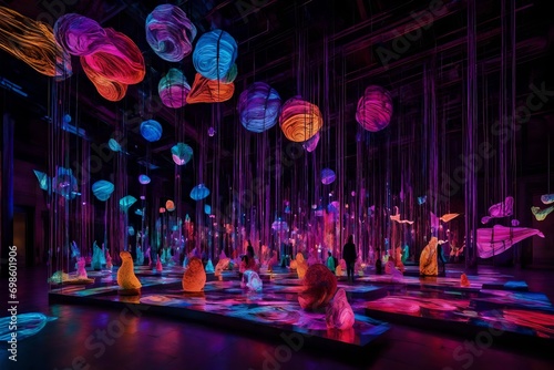 A luminous and vibrant art installation, featuring an array of glowing sculptures and interactive light projections that create an immersive and captivating visual experience

