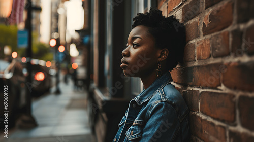Young black woman gazing and thinking in urban city environment photo