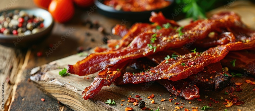 Turkish bacon: dried meat with spices, beef bacon, traditional Turkish food.