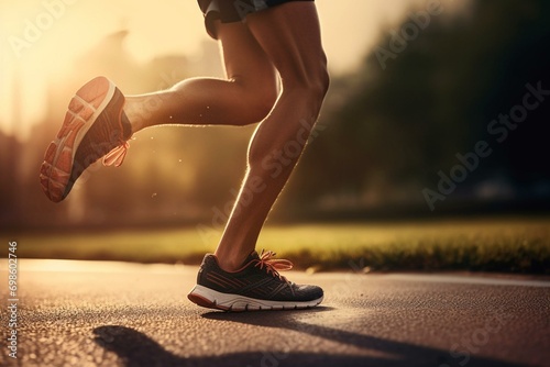 A close-up of runners' legs sprinting at sunrise in the park. Generative AI