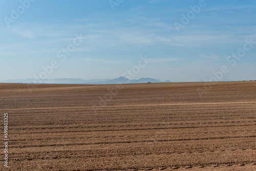 Campo de cultivo preparado para la siembra bajo un cielo azul.