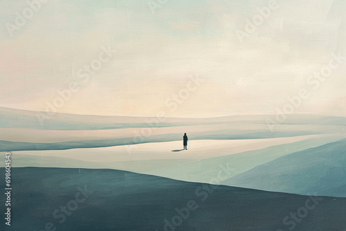 Image painting the palette of solitude through minimalism, featuring sparse lines, muted colors, and a solitary subject, inviting viewers to explore the tranquil landscapes that un photo